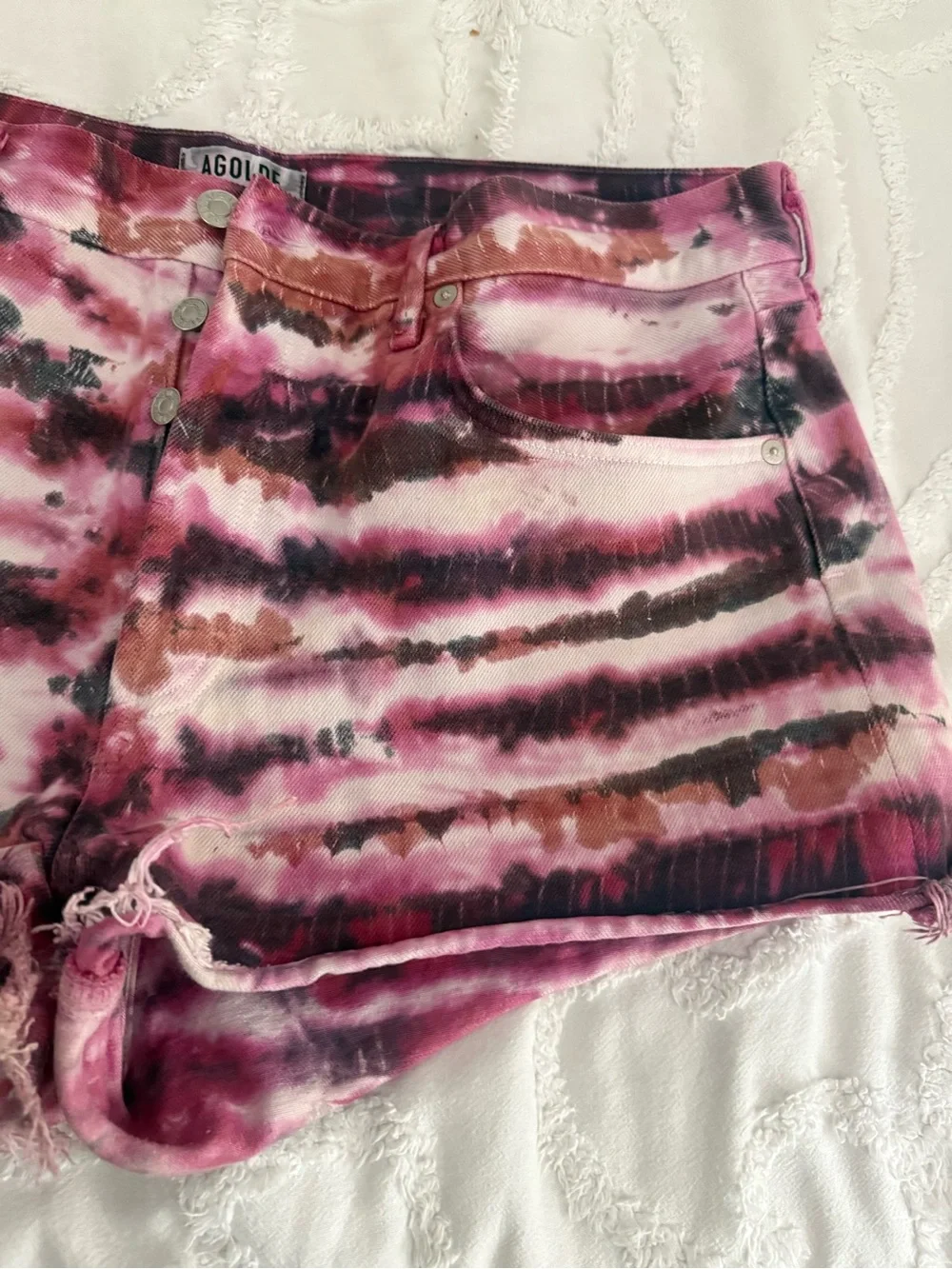 AGOLDE Pink and Brown Tie-Dye Cutoff Denim Shorts - Picture 6 of 8